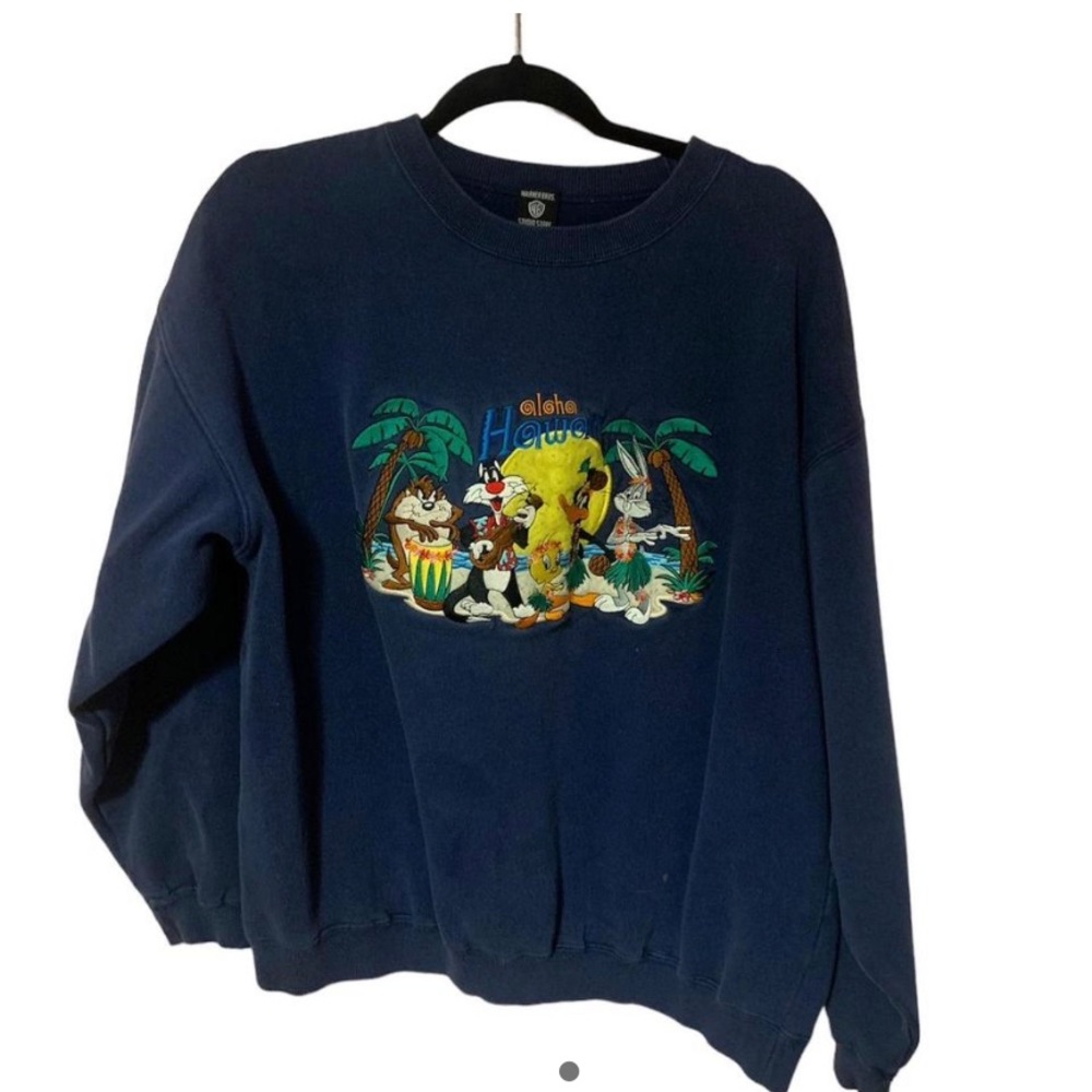 Rare Vintage 90s Warner Bros Looney Tunes Hawaii Embroidered Crewneck Sweatshirt